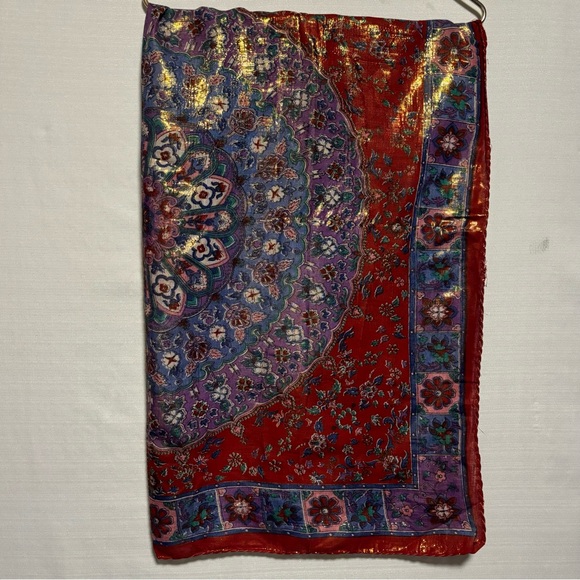 Metallic Asian print scarf 75% rayon rolled hem 3.5X34.5 NEW OR LIKE NEW - Picture 7 of 14